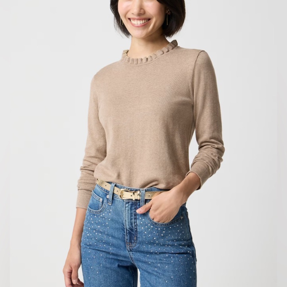 JCREW FACTORY | NWT | Cotton Ruffleneck Sweater | Hthr Mushroom Color | L